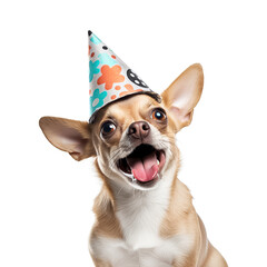 Portrait of Funny small fluffy chihuahua dog in birthday cap isolated on white background. Happy birthday banner with dog. Generative AI