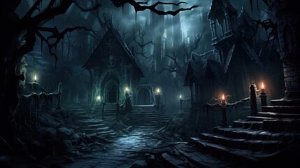 Fototapeta na wymiar Dark and eerie scene depicting an underworld realm, where ethereal spirits, wicked creatures, and mysterious specters dwell. Use shadowy lighting and haunting colors to evoke a sense of foreboding