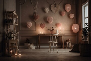Mock interior with Valentine's decoration rendered in 3D. Generative AI