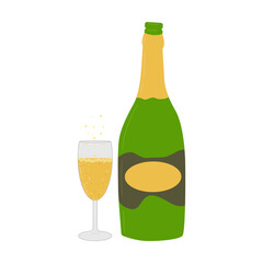 Champagne drink isolated on a white background. A bottle of champagne with a glass. A flying cork from a bottle. Poster, postcard, flyer design. The concept of the holiday. Vector flat illustration.