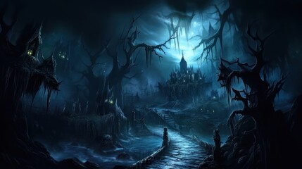 Dark and eerie scene depicting an underworld realm, where ethereal spirits, wicked creatures, and mysterious specters dwell. Use shadowy lighting and haunting colors to evoke a sense of foreboding