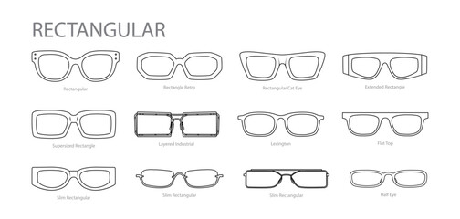 Set of Rectangular frame glasses fashion accessory illustration. Sunglass front view for Men, women, unisex silhouette style, flat rim spectacles eyeglasses with lens sketch style outline isolated