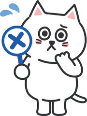 Sorrowful white cartoon cat making a mistake, vector illustration with a cross sign.