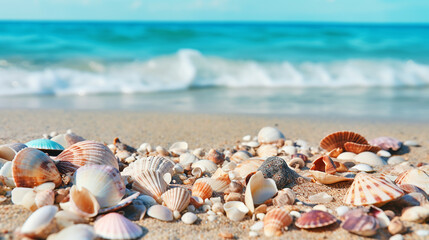 Obraz na płótnie Canvas Seashells closeup on a seaside. Generative AI