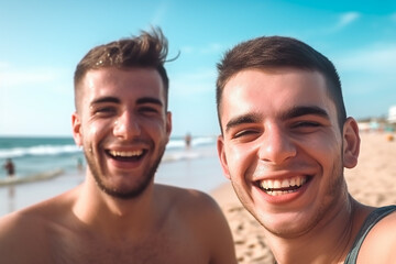 Obraz premium Two young male friends on a beach. Generative AI