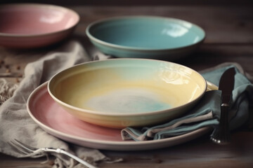 Empty plates on a table, pastel colors, cosy atmosphere. Generative AI