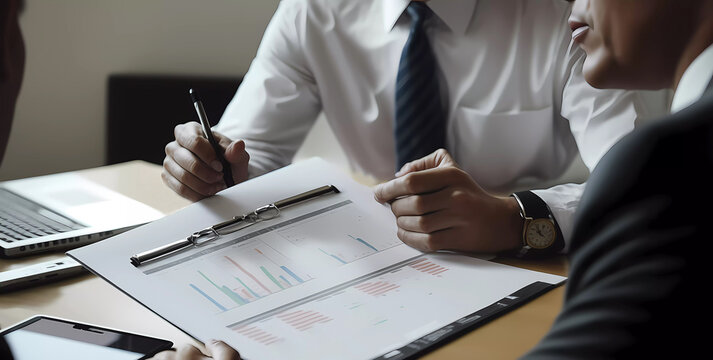 businessmen at the table are watching charts. Generative AI