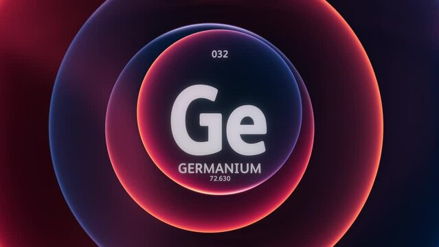 Germanium as Element 32 of the Periodic Table. Concept animation on abstract red blue gradient rings seamless loop background. Title design for science content and infographic showcase backdrop.