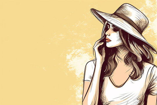 Young woman wearing summer clothing, sketch drawing, yellow background, copyspace. Generative AI