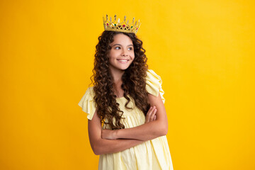 Girls party, funny kid in crown. Child queen wear diadem tiara. Cute little princess portrait....