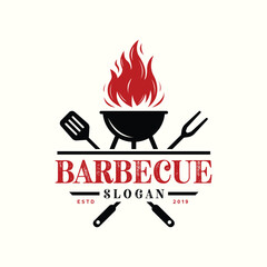 Barbecue restaurant - minimalist logo concept. Logo of Barbecue, Grill and Bar with fire, grill fork and spatula. BBQ logo template. Grunge texture. Vector illustration