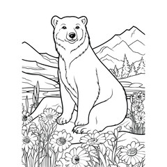 A bear sits on a rock in a field of flowers.