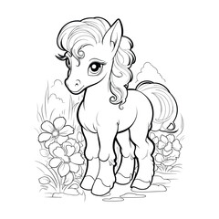 A little pony with a mane and a bow on its head is standing in a field of flowers.