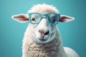 Fototapeta premium Funny cute sheep in sunglasses with happy emotion. AI generated, human enhanced