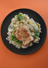 Miso chicken with braised cabbage and rice