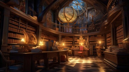 Envision an ancient library of immeasurable knowledge, filled with towering bookshelves, mysterious tomes, and celestial globes. Convey a sense of wisdom, reverence, and the allure of hidden knowledge