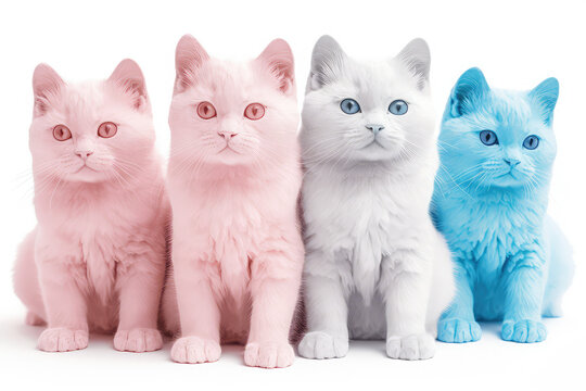 Four cute cats with colored hair in pastel colors. Isolated on a white background. Unusual contemporary art style wallpaper, lots of fluffy cats. Generative AI 3d render imitation.