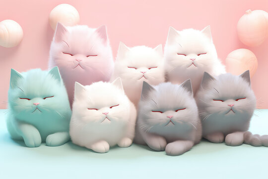 Lots of cute cats with colored hair in pastel colors. Isolated on