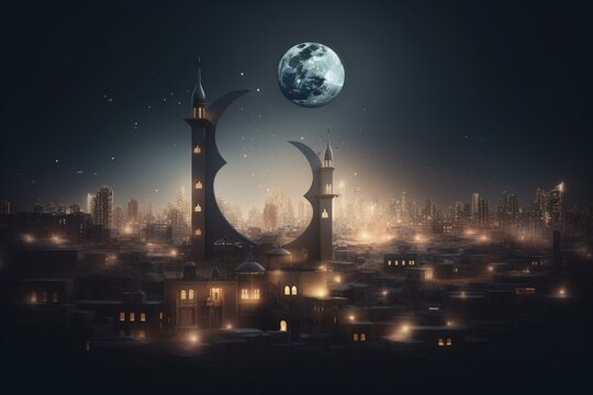An illustration depicting Ramadan with a dark Arabian city background and crescent. Generative AI