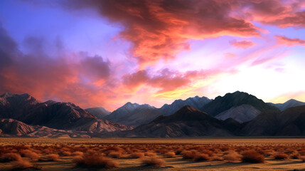 Plakat Desert Majesty: Mountains Embraced by Fiery Orange and Red Clouds
