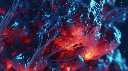 abstract background a dark, mysterious liquid material ripples with neon red and blue pulses. Its design features a dark blue alien fluid texture, evoking an enigmatic allure.