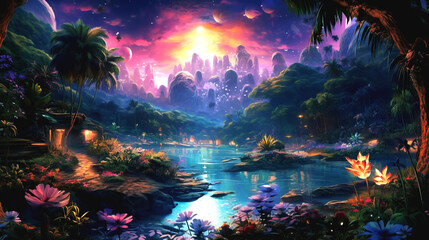 Fototapeta na wymiar Tropical Sunset Reverie: Serene Lake Amidst Jungle Paradise with Majestic Mountains