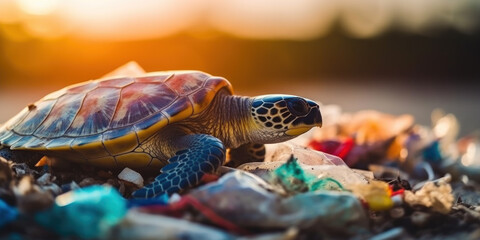 Turtle among plastic garbage from ocean on the beach during sunset. AI generative illustration.
