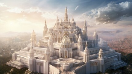 Majestic floating citadel, a magnificent fortress suspended in the sky by unknown forces. Show the intricate architecture, grand halls, and bustling life within, as well as the breathtaking view from  - obrazy, fototapety, plakaty