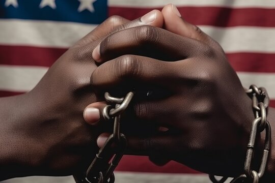 juneteenth, A man is holding chains in front of a the usa flag. Generative Ai
