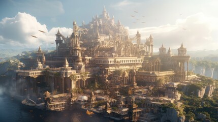 Fototapeta premium Majestic floating citadel, a magnificent fortress suspended in the sky by unknown forces. Show the intricate architecture, grand halls, and bustling life within, as well as the breathtaking view from 