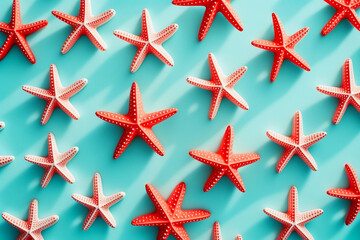 Fototapeta na wymiar Trendy sunlight Summer pattern made with red starfish. Generative Ai 
