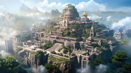 Obraz premium Majestic floating citadel, a magnificent fortress suspended in the sky by unknown forces. Show the intricate architecture, grand halls, and bustling life within, as well as the breathtaking view from 