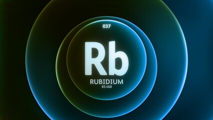 Rubidium as Element 37 of the Periodic Table. Concept illustration on abstract green blue gradient rings seamless loop background. Title design for science content and infographic showcase display.