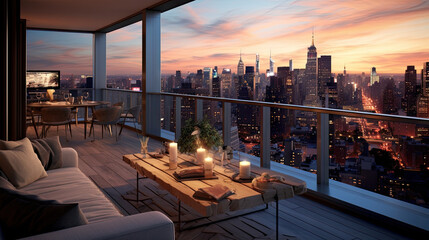 New York Penthouse balcony at dusk - obrazy, fototapety, plakaty