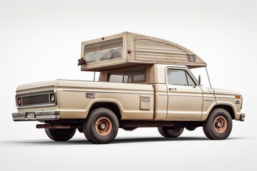 Image of an American pick up truck with a camper cell on a white background. Generative AI