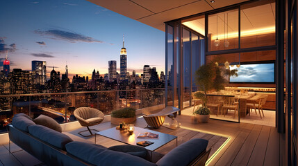 New York Penthouse balcony at dusk - obrazy, fototapety, plakaty