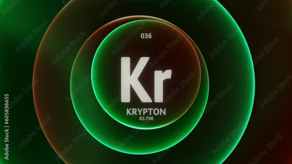 Wall mural krypton as element 36 of the periodic table. concept animation on abstract green red gradient rings 