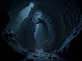 Misty mountain carved cave chamber with mysterious underworld entrance stone gate. Generative AI