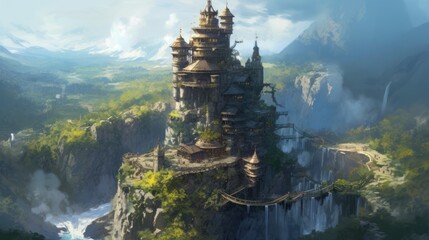 Ancient and towering wizard's tower perched on a craggy cliff. Envision its mysterious interiors filled with arcane books, magical artifacts, and swirling portals, as the resident wizard conducts thei