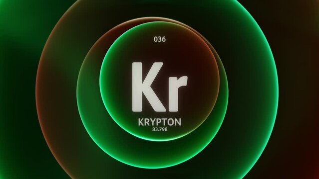 Krypton as Element 36 of the Periodic Table. Concept animation on abstract green red gradient rings seamless loop background. Title design for science content and infographic showcase backdrop.