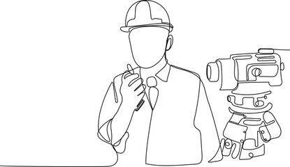Close up of Caucasian worker with helmet on head using tablet for work while standing in warehouse. Surveyor with a tripod icon. Geodesic tripod. Vector illustration