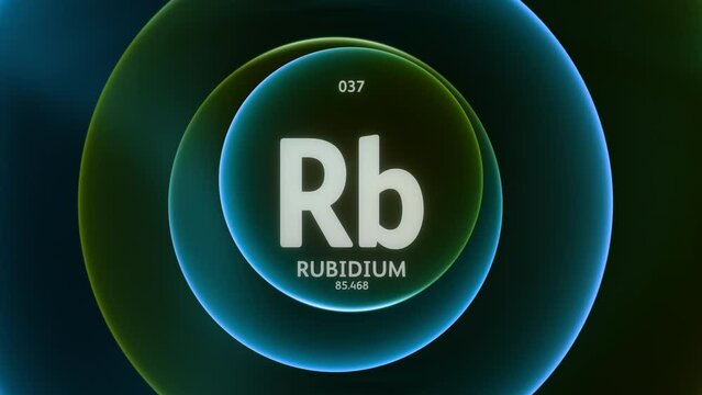 Rubidium as Element 37 of the Periodic Table. Concept animation on abstract green blue gradient rings seamless loop background. Title design for science content and infographic showcase backdrop.