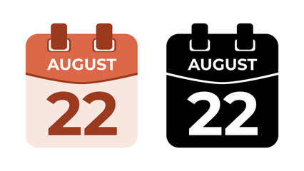Fototapeta premium August 22 flat daily spiral calendar icon date in two vector mode, matching color and black fill. Perfect for design material, such as event or reminder. The best editable graphic resources.
