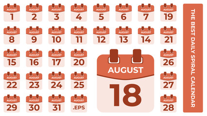 August daily spiral calendar icons set date vector image in matching color scheme. Suitable and perfect for design material, such as event or reminder. The best editable graphic resources.