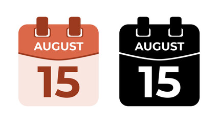 August 15 flat daily spiral calendar icon date in two vector mode, matching color and black fill. Perfect for design material, such as event or reminder. The best editable graphic resources.