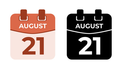 August 21 flat daily spiral calendar icon date in two vector mode, matching color and black fill. Perfect for design material, such as event or reminder. The best editable graphic resources.
