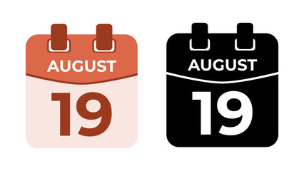 August 19 flat daily spiral calendar icon date in two vector mode, matching color and black fill. Perfect for design material, such as event or reminder. The best editable graphic resources.