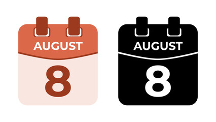 August 8 flat daily spiral calendar icon date in two vector mode, matching color and black fill. Perfect for design material, such as event or reminder. The best editable graphic resources.