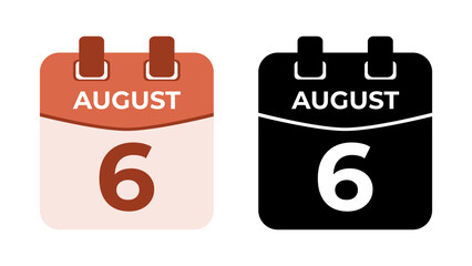 August 6 flat daily spiral calendar icon date in two vector mode, matching color and black fill. Perfect for design material, such as event or reminder. The best editable graphic resources.