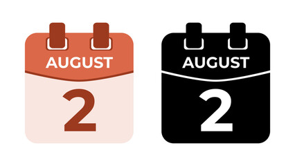 August 2 flat daily spiral calendar icon date in two vector mode, matching color and black fill. Perfect for design material, such as event or reminder. The best editable graphic resources.